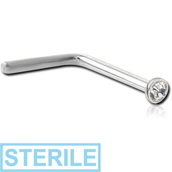 STERILE 18K WITHE GOLD BEZEL SET JEWELLED CURVED 90 DEGREE NOSE STUD