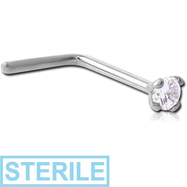 STERILE 18K WHITE GOLD 1.5MM PRONG SET JEWELLED 90 DEGREE NOSE STUD 12MM