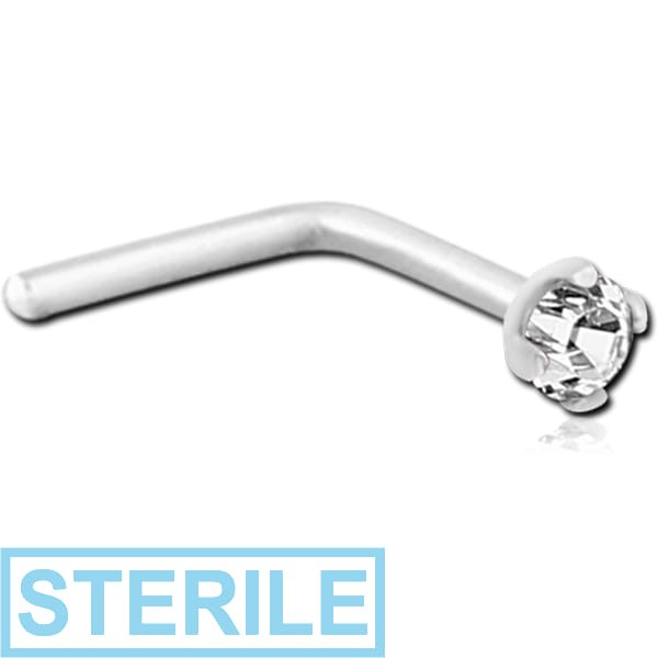 STERILE 18K WITHE GOLD 3 MM PRONG SET JEWELLED 90 DEGREE NOSE STUD