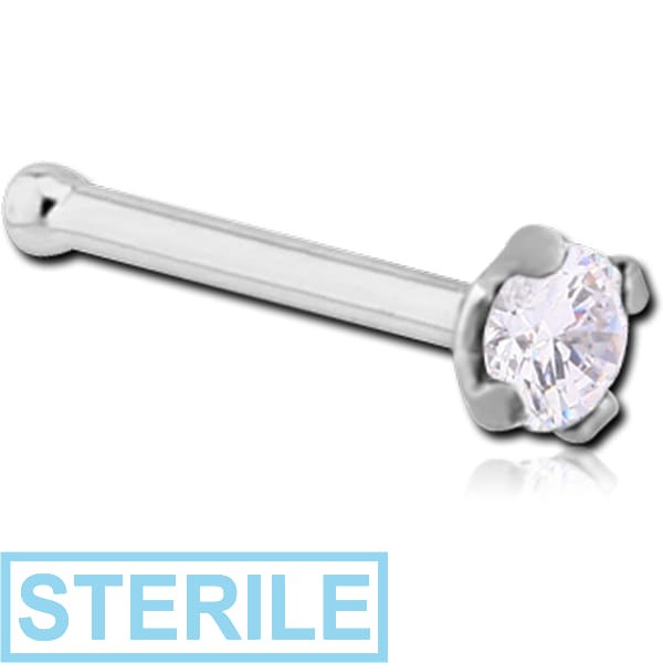 STERILE 18K WHITE GOLD 3MM PRONG SET JEWELLED NOSE BONE