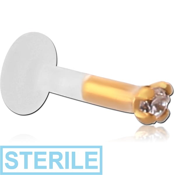 STERILE BIOFLEX INTERNAL LABRET WITH GOLD PVD COATED SURGICAL STEEL JEWELLED ATTACHMENT