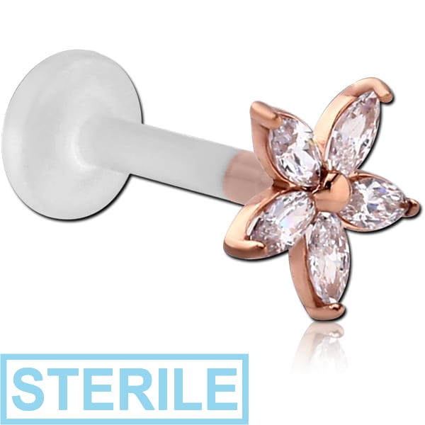 STERILE BIOFLEX INTERNAL LABRET WITH ROSE GOLD PVD COATED SURGICAL STEEL JEWELLED ATTACHMENT