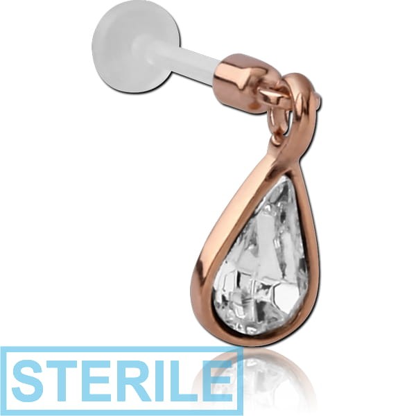 STERILE BIOFLEX MICRO LABRET WITH ROSE GOLD PVD COATED JEWELLED CHARM - PAIR DROP