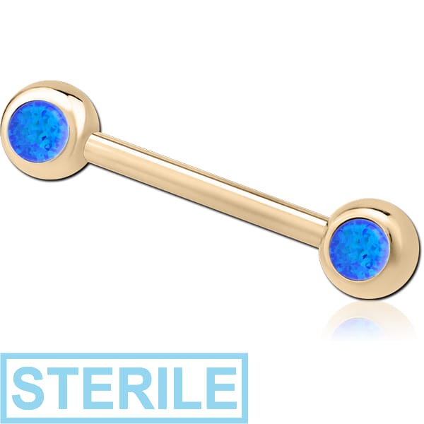 STERILE ZIRCON GOLD PVD COATED SURGICAL STEEL DOUBLE SIDE SYNTHETIC OPAL NIPPLE BARBELL