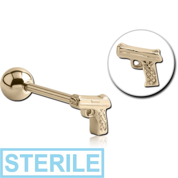 STERILE ZIRCON GOLD PVD COATED SURGICAL STEEL BARBELL - GUN