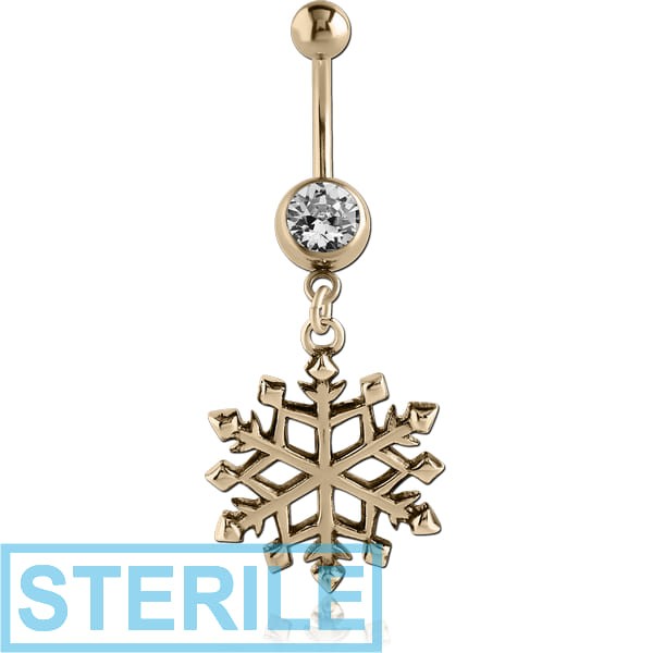STERILE ZIRCON GOLD PVD COATED SURGICAL STEEL JEWELLED NAVEL BANANA WITH DANGLING CHARM - SNOWFLAKE