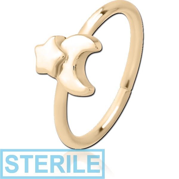 STERILE ZIRCON GOLD PVD COATED SURGICAL STEEL SEAMLESS RING - CRESCENT AND STAR