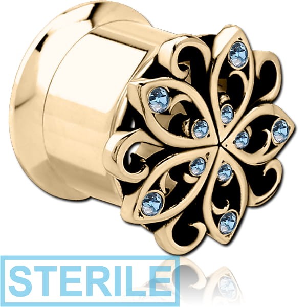 STERILE ZIRCON GOLD PVD COATED STAINLESS STEEL DOUBLE FLARED INTERNALLY THREADED JEWELLED TUNNEL
