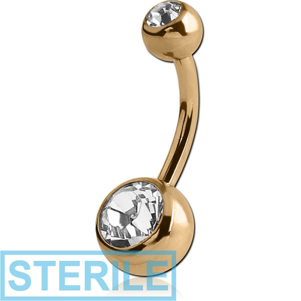 STERILE ZIRCON GOLD PVD COATED SURGICAL STEEL DOUBLE PREMIUM CRYSTAL JEWELLED NAVEL BANANA