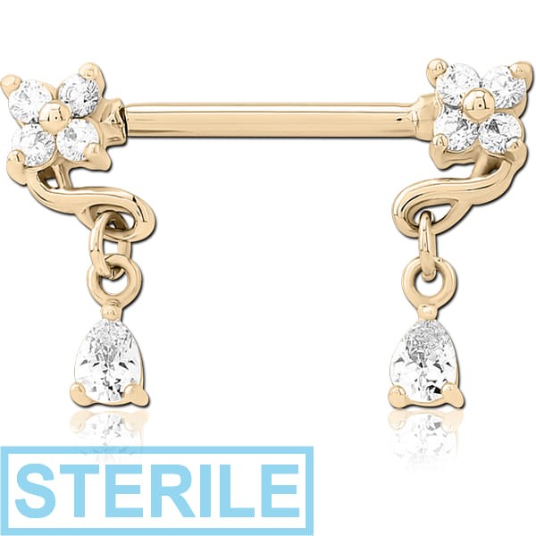 STERILE ZIRCON GOLD PVD COATED SURGICAL STEEL NIPPLE PIERCING INTERNAL THREADED BAR WITH MOVING CHARM FINE JEWELLED