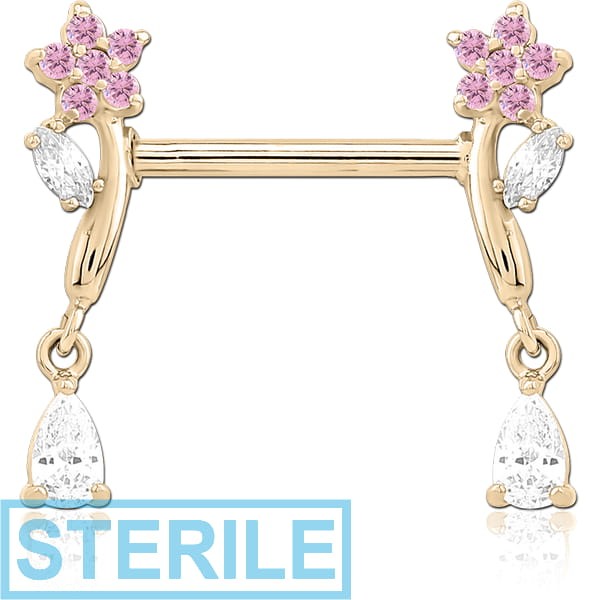 STERILE ZIRCON GOLD PVD COATED SURGICAL STEEL NIPPLE PIERCING INTERNAL THREADED BAR WITH MOVING CHARM FINE JEWELLED