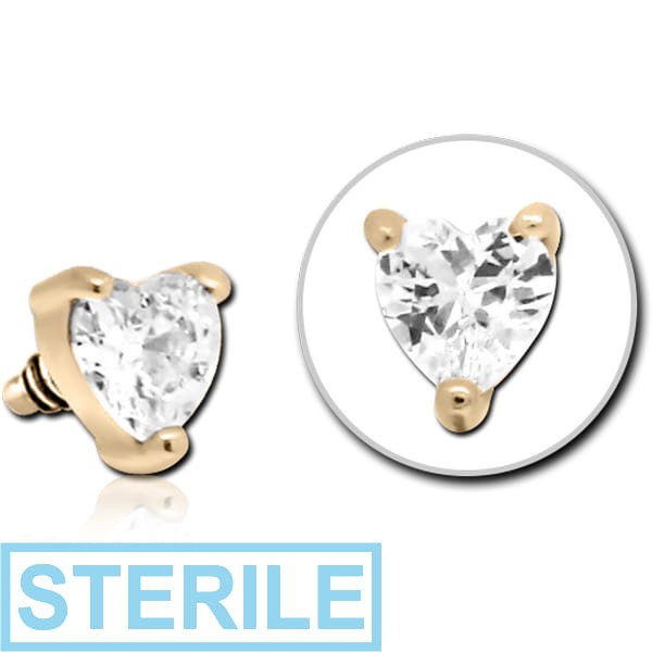 STERILE ZIRCON GOLD PVD COATED SURGICAL STEEL JEWELLED MICRO ATTACHMENT FOR 1.2MM INTERNALLY THREADED PINS - HEART