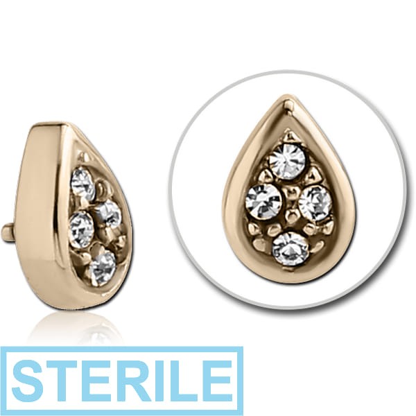 STERILE ZIRCON GOLD PVD COATED SURGICAL STEEL JEWELLED PEAR DROP FOR 1.2MM INTERNALLY THREADED PINS