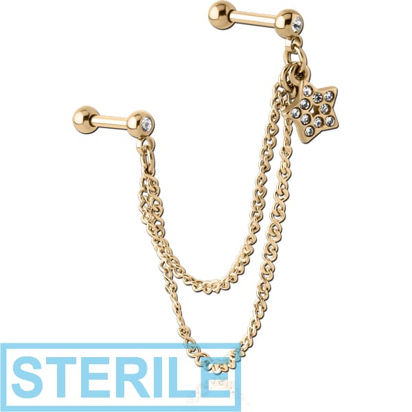 STERILE ZIRCON GOLD PVD COATED SURGICAL STEEL JEWELLED TRAGUS MICRO BARBELLS CHAIN LINKED - STAR