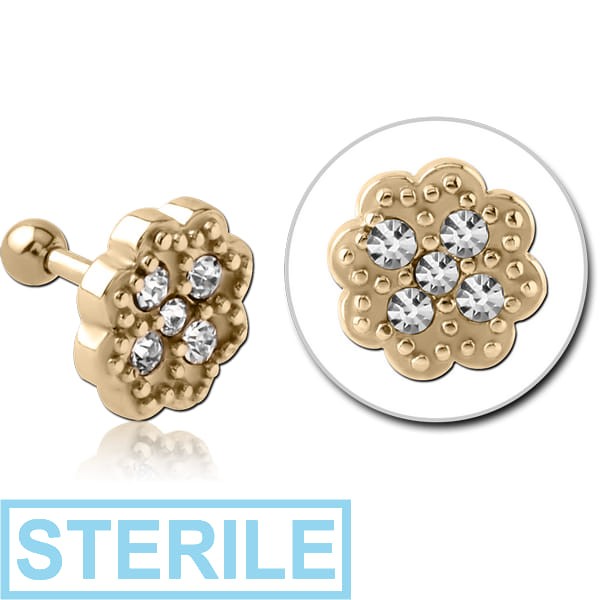 STERILE ZIRCON GOLD PVD COATED SURGICAL STEEL JEWELLED TRAGUS MICRO BARBELL