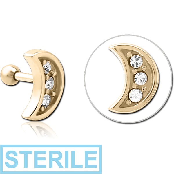 STERILE ZIRCON GOLD PVD COATED SURGICAL STEEL JEWELLED TRAGUS MICRO BARBELL - CRESCENT