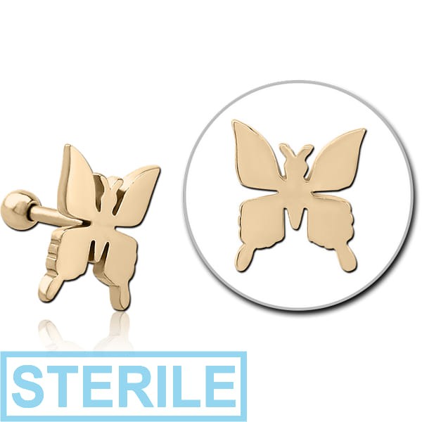 STERILE ZIRCON GOLD PVD COATED SURGICAL STEEL TRAGUS MICRO BARBELL - BUTTERFLY