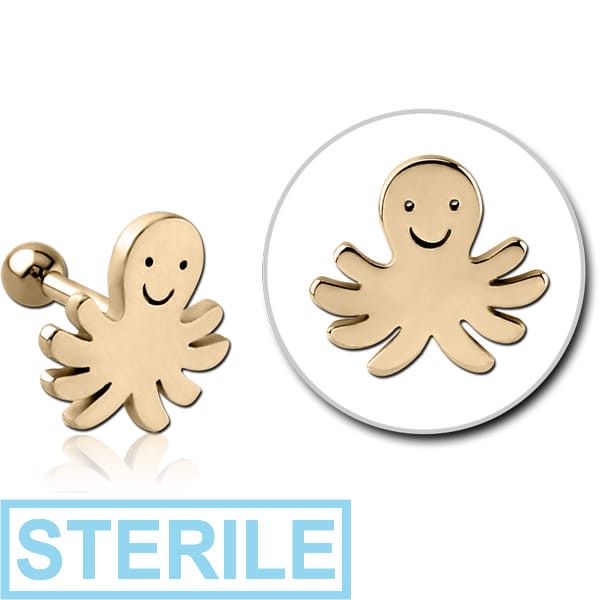 STERILE ZIRCON GOLD PVD COATED SURGICAL STEEL TRAGUS MICRO BARBELL - SQUID