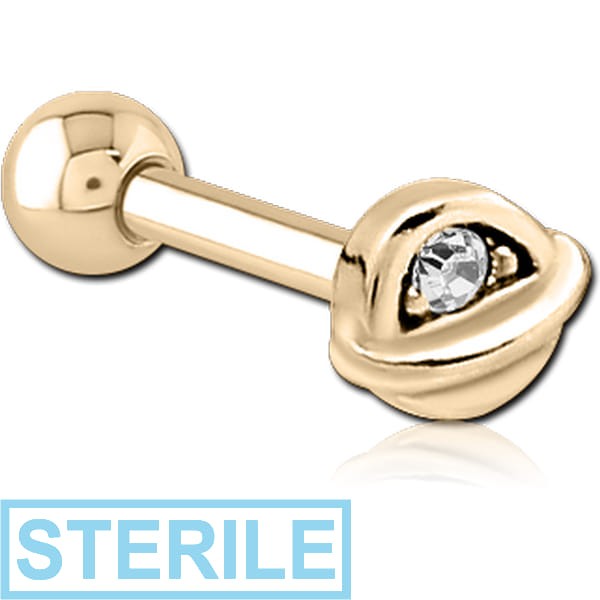 STERILE ZIRCON GOLD PVD COATED SURGICAL STEEL JEWELLED TRAGUS MICRO BARBELL - HALF OPEN EYE
