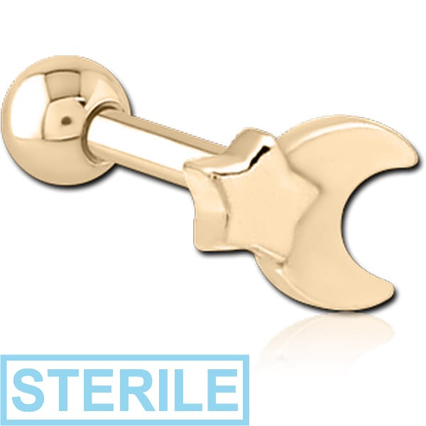 STERILE ZIRCON GOLD PVD COATED SURGICAL STEEL TRAGUS MICRO BARBELL - CRESCENT AND STAR