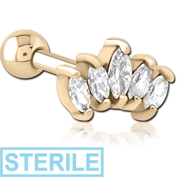 STERILE ZIRCON GOLD PVD COATED SURGICAL STEEL JEWELLED TRAGUS MICRO BARBELL - FIVE GEMS