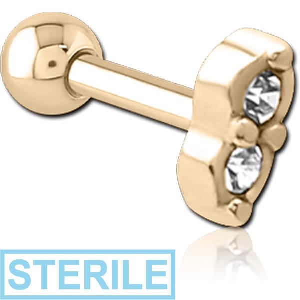 STERILE ZIRCON GOLD PVD COATED SURGICAL STEEL JEWELLED TRAGUS MICRO BARBELL - TWO GEMS EYES
