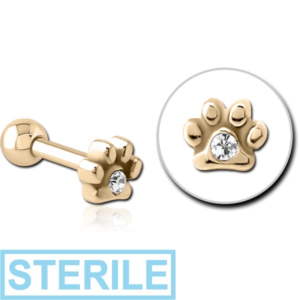 STERILE ZIRCON GOLD PVD COATED SURGICAL STEEL JEWELLED TRAGUS MICRO BARBELL - ANIMAL PAW CENTER GEM