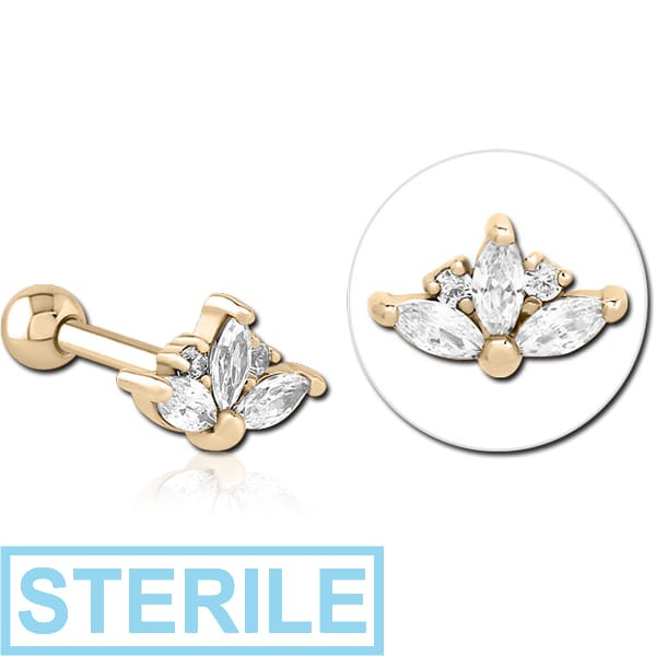 STERILE ZIRCON GOLD PVD COATED SURGICAL STEEL JEWELLED TRAGUS MICRO BARBELL