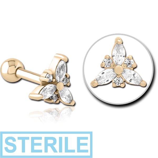 STERILE ZIRCON GOLD PVD COATED SURGICAL STEEL JEWELLED TRAGUS MICRO BARBELL - TRINITY