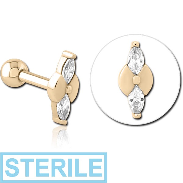 STERILE ZIRCON GOLD PVD COATED SURGICAL STEEL JEWELLED TRAGUS MICRO BARBELL - BOW TIE