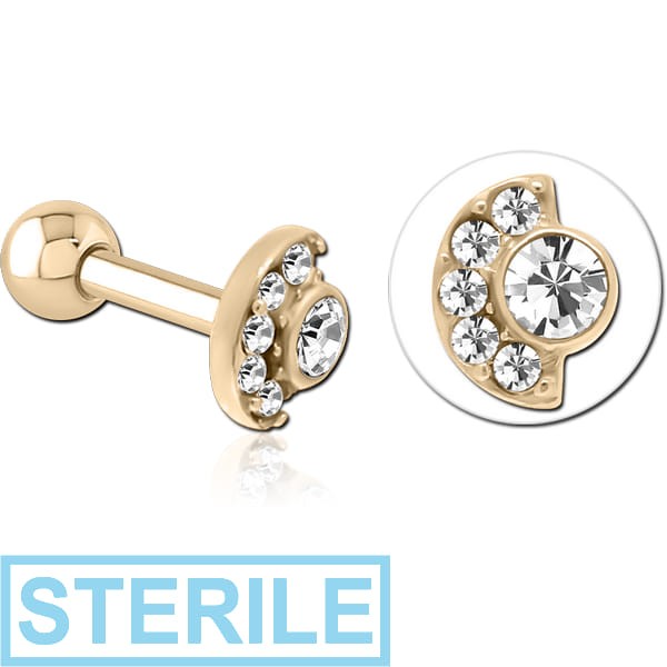 STERILE ZIRCON GOLD PVD COATED SURGICAL STEEL JEWELLED TRAGUS MICRO BARBELL - MOON AND STARS