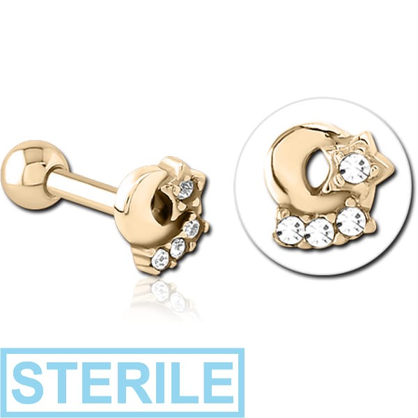 STERILE ZIRCON GOLD PVD COATED SURGICAL STEEL JEWELLED TRAGUS MICRO BARBELL - PLAIN MOON AND STARS
