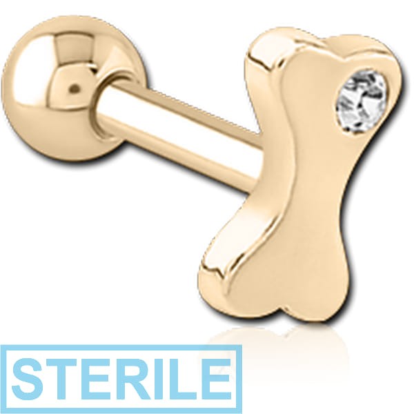 STERILE ZIRCON GOLD PVD COATED SURGICAL STEEL JEWELLED TRAGUS MICRO BARBELL - BONE