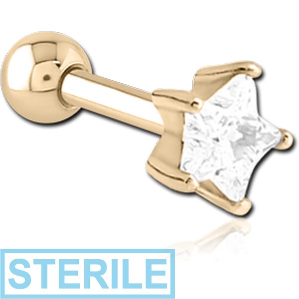 STERILE ZIRCON GOLD PVD COATED SURGICAL STEEL JEWELLED TRAGUS MICRO BARBELL - STAR