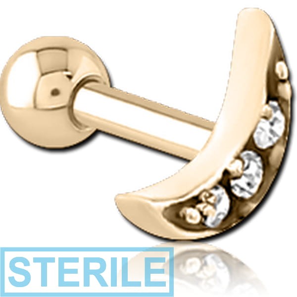STERILE ZIRCON GOLD PVD COATED SURGICAL STEEL JEWELLED TRAGUS MICRO BARBELL - CRESCENT 3 GEMS