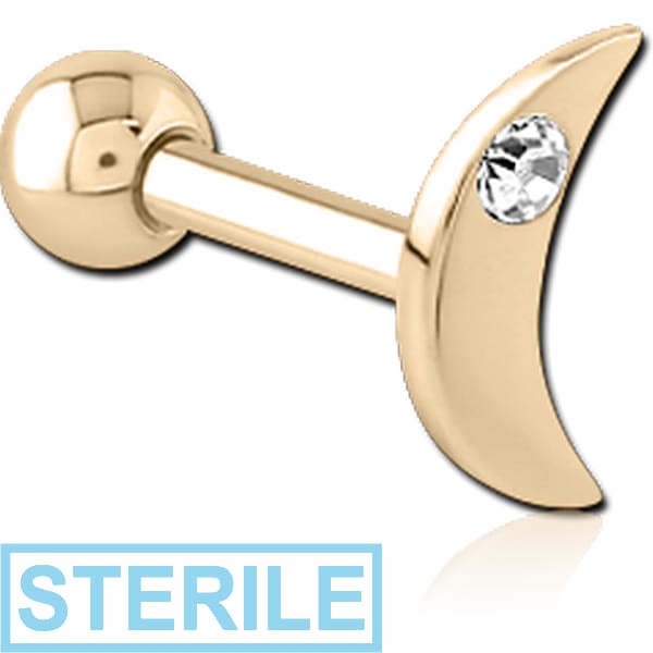 STERILE ZIRCON GOLD PVD COATED SURGICAL STEEL JEWELLED TRAGUS MICRO BARBELL - CRESCENT SINGLE GEM