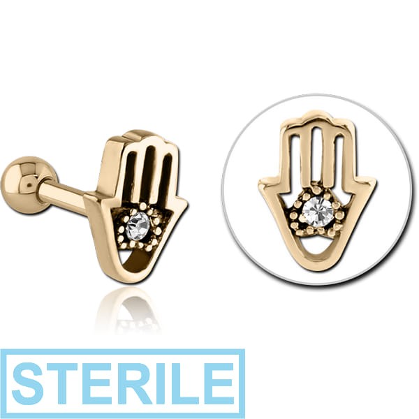 STERILE ZIRCON GOLD PVD COATED SURGICAL STEEL JEWELLED TRAGUS MICRO BARBELL - HAMSA
