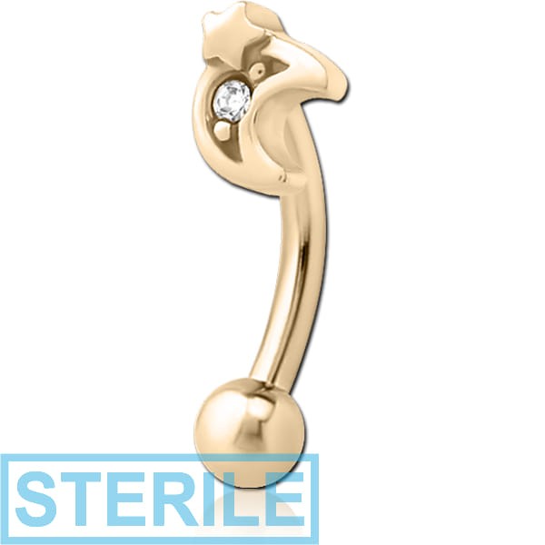 STERILE ZIRCON GOLD PVD COATED SURGICAL STEEL JEWELLED FANCY CURVED MICRO BARBELL - CRESCENT AND STAR