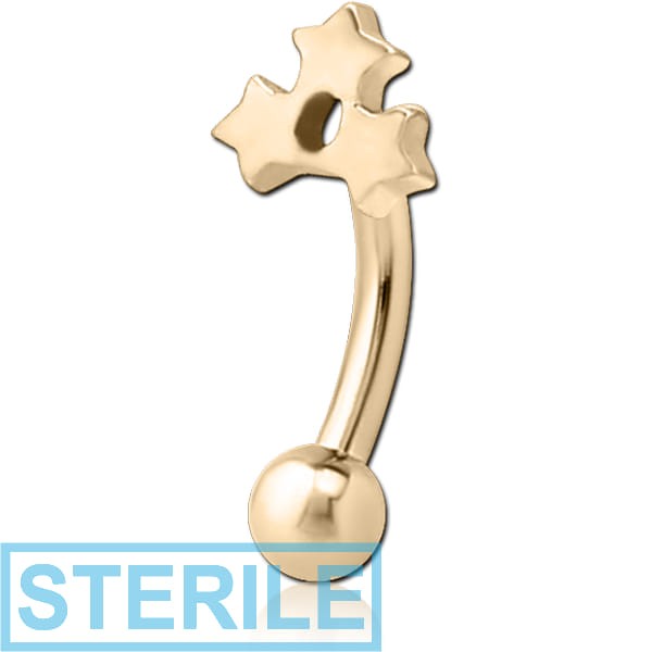 STERILE ZIRCON GOLD PVD COATED SURGICAL STEEL FANCY CURVED MICRO BARBELL - TRIPLE STAR