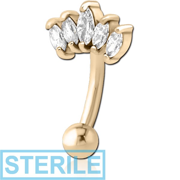 STERILE ZIRCON GOLD PVD COATED SURGICAL STEEL JEWELLED FANCY CURVED MICRO BARBELL - FIVE GEMS