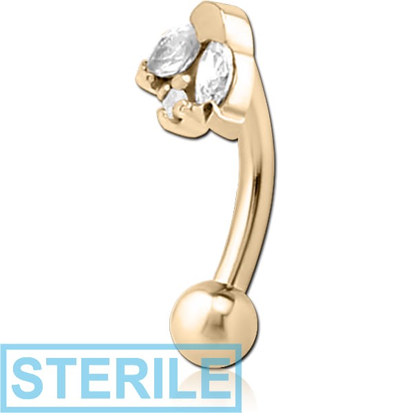 STERILE ZIRCON GOLD PVD COATED SURGICAL STEEL JEWELLED FANCY CURVED MICRO BARBELL