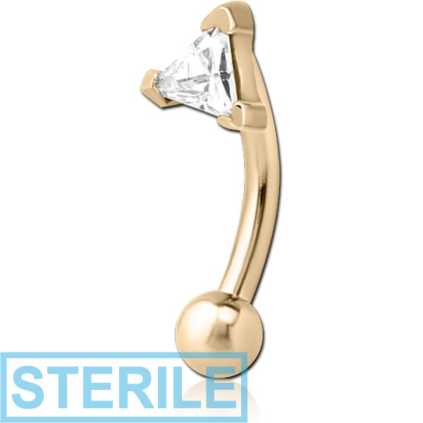 STERILE ZIRCON GOLD PVD COATED SURGICAL STEEL JEWELLED FANCY CURVED MICRO BARBELL - TRIANGLE