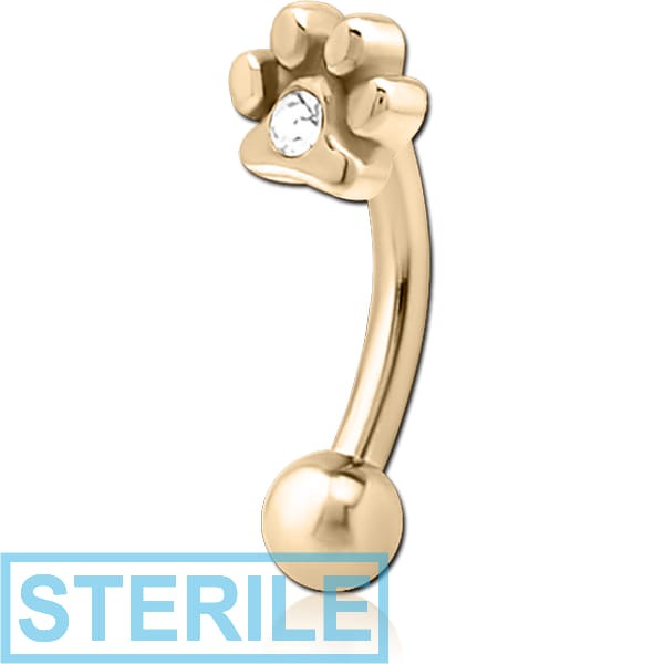 STERILE ZIRCON GOLD PVD COATED SURGICAL STEEL JEWELLED FANCY CURVED MICRO BARBELL - ANIMAL PAW CENTER GEM
