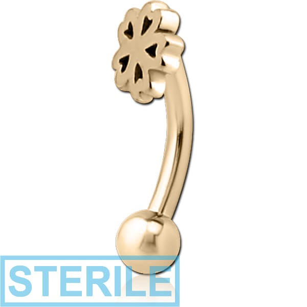 STERILE ZIRCON GOLD PVD COATED SURGICAL STEEL FANCY CURVED MICRO BARBELL - CLOVER