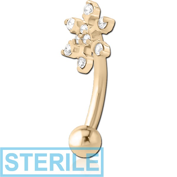 STERILE ZIRCON GOLD PVD COATED SURGICAL STEEL JEWELLED FANCY CURVED MICRO BARBELL - SNOWFLAKE