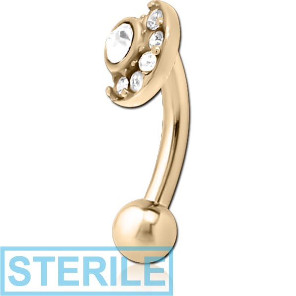 STERILE ZIRCON GOLD PVD COATED SURGICAL STEEL JEWELLED FANCY CURVED MICRO BARBELL - MOON AND STARS