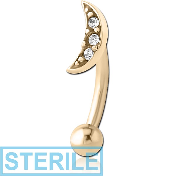STERILE ZIRCON GOLD PVD COATED SURGICAL STEEL JEWELLED FANCY CURVED MICRO BARBELL - CRESCENT 3 GEMS