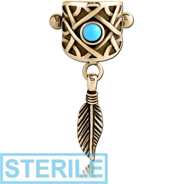 STERILE ZIRCON GOLD PVD COATED SURGICAL STEEL JEWELLED CARTILAGE SHIELD - DANGLING FEATHER