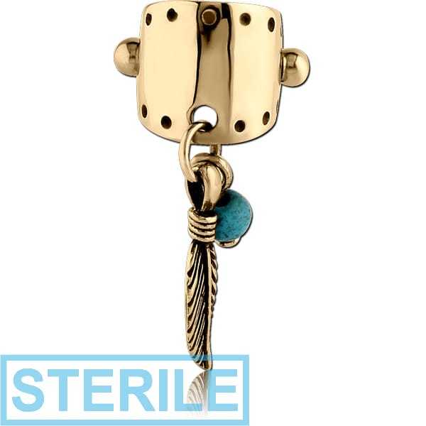 STERILE ZIRCON GOLD PVD COATED SURGICAL STEEL JEWELLED CARTILAGE SHIELD - DANGLING FEATHER