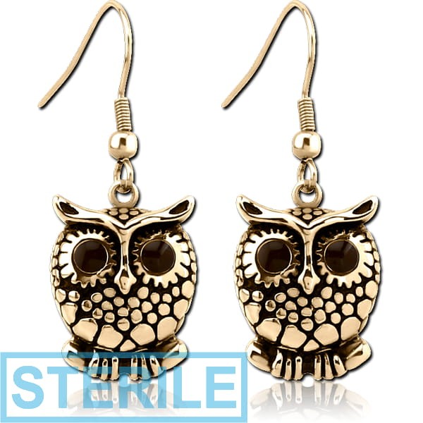 STERILE ZIRCON GOLD PVD COATED SURGICAL STEEL EARRINGS WITH ENAMEL - OWL